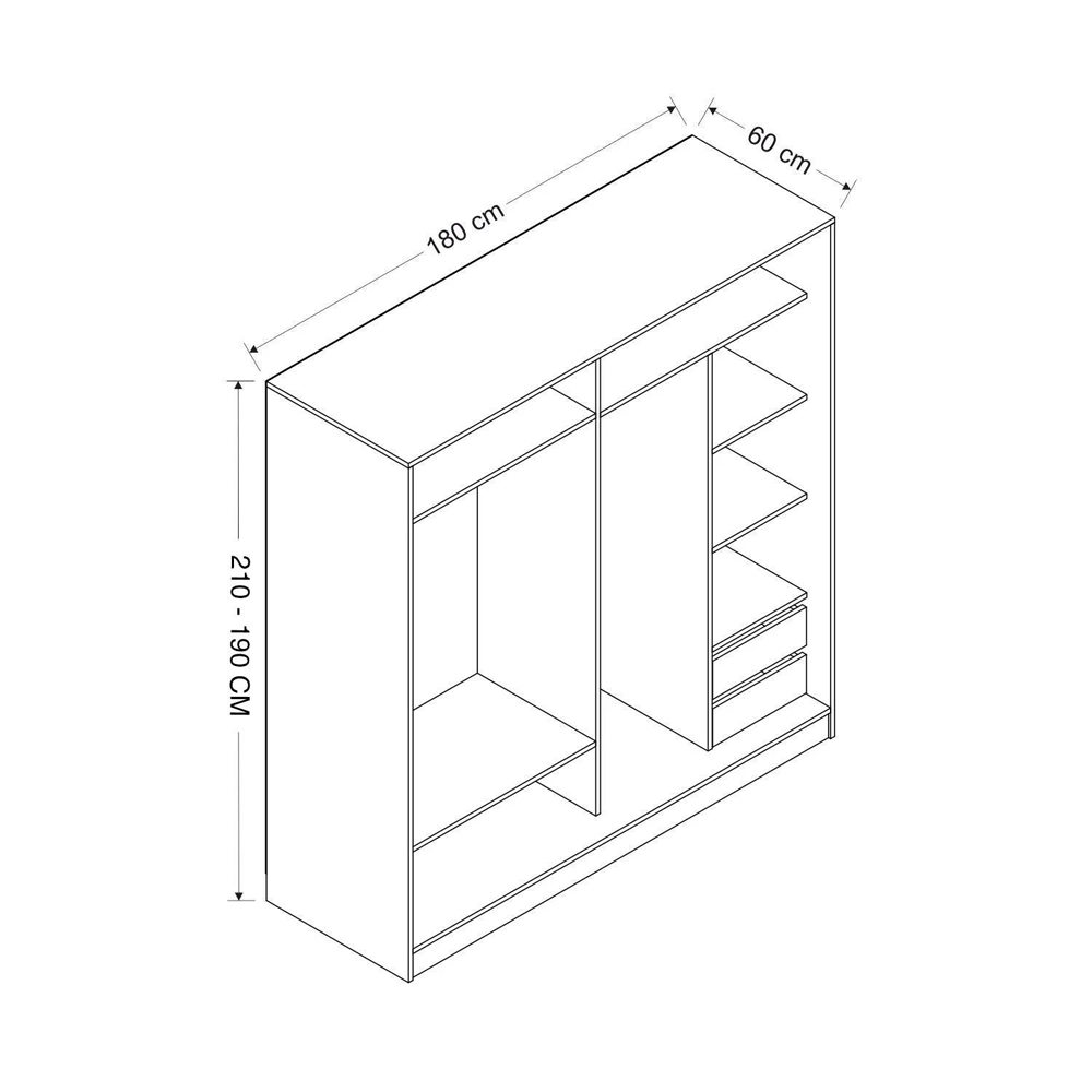 Kale H190cm Wooden Sliding Mirror Wardrobe with 2 Doors in White and Oak