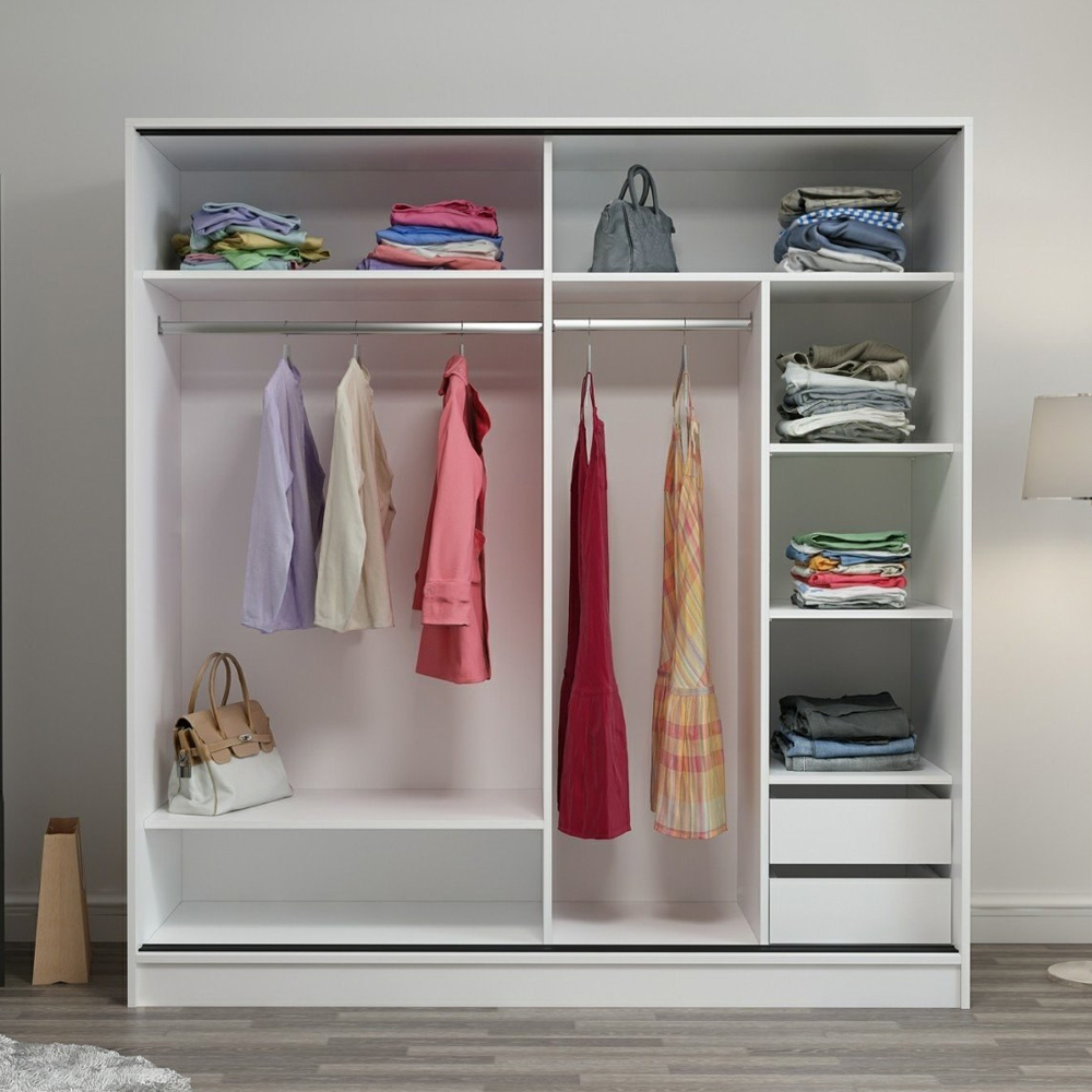Kale H190cm Wooden Sliding Mirror Wardrobe with 2 Doors in White