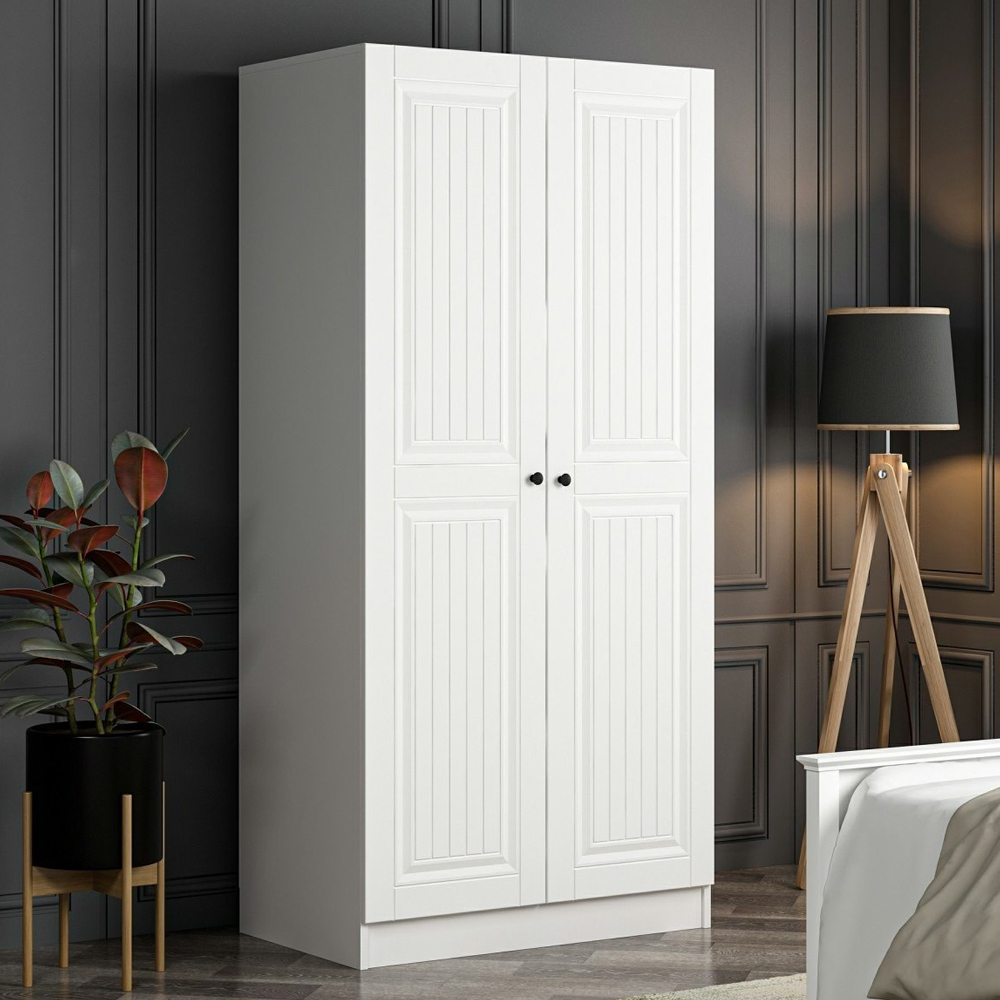 Kale H190cm Wooden Wardrobe with 2 Panel Doors in White