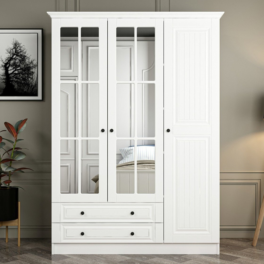 Kale H190cm Wooden Wardrobe with 3 Doors 2 Drawers in White