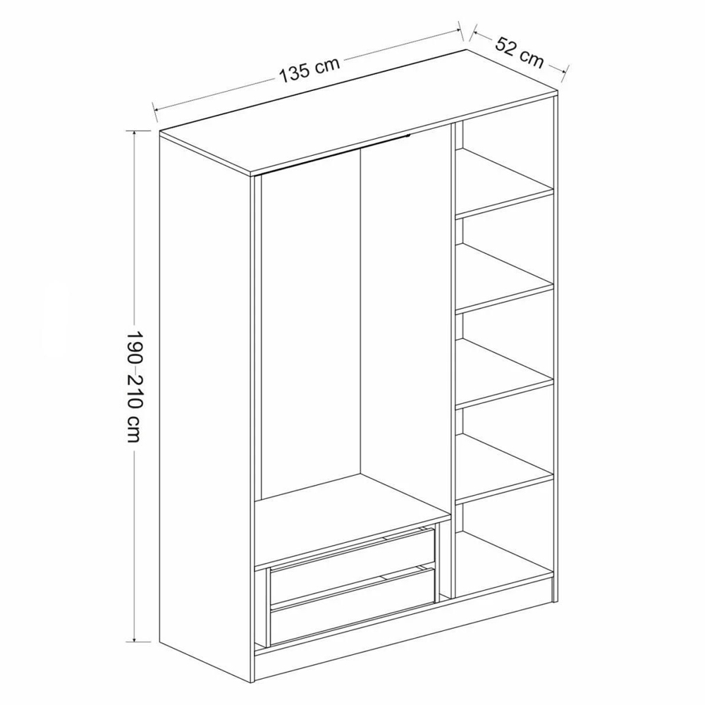 Kale H190cm Wooden Wardrobe with 3 Doors 2 Drawers in White