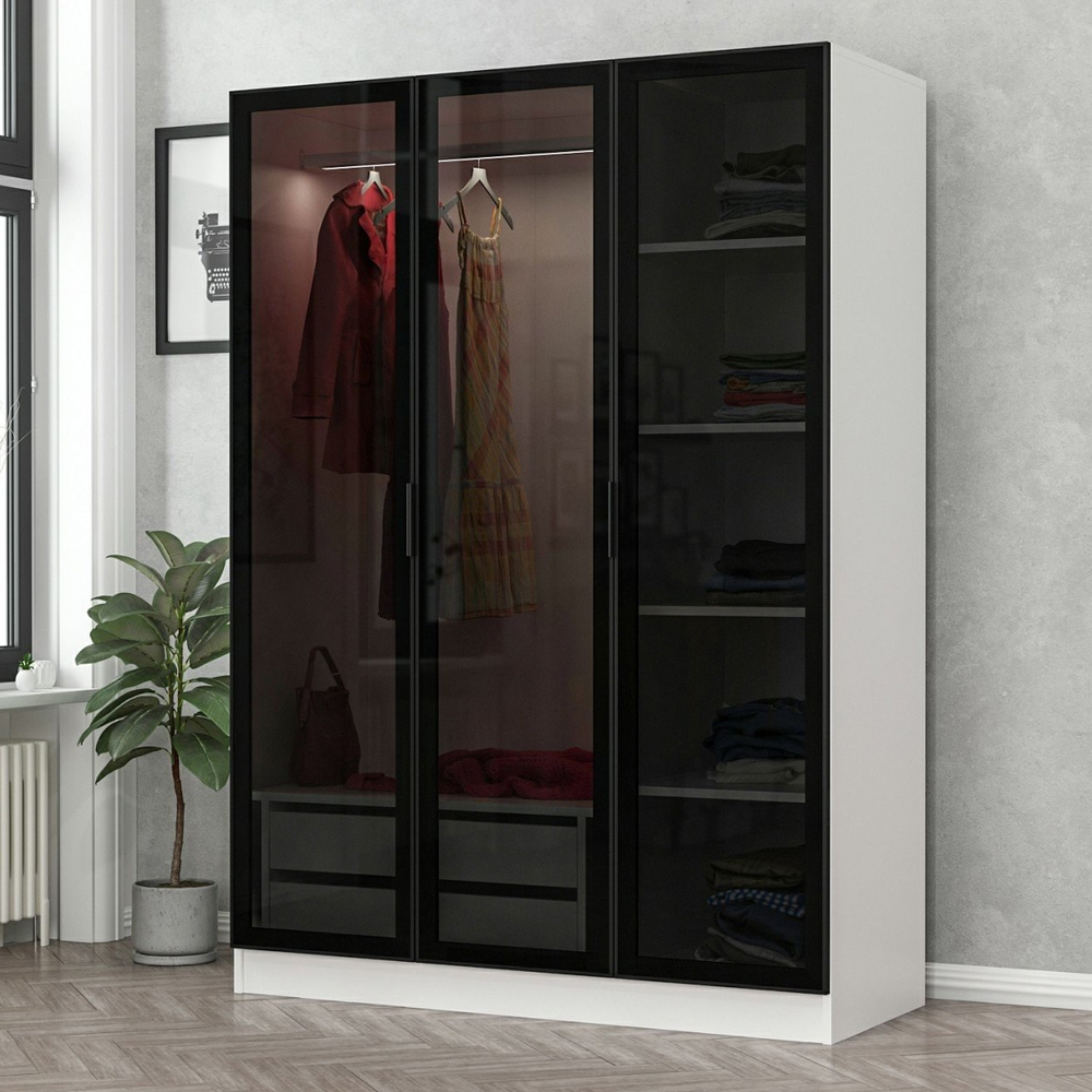 Kale H190cm Wooden Wardrobe with 3 Mirror Doors in White and Black