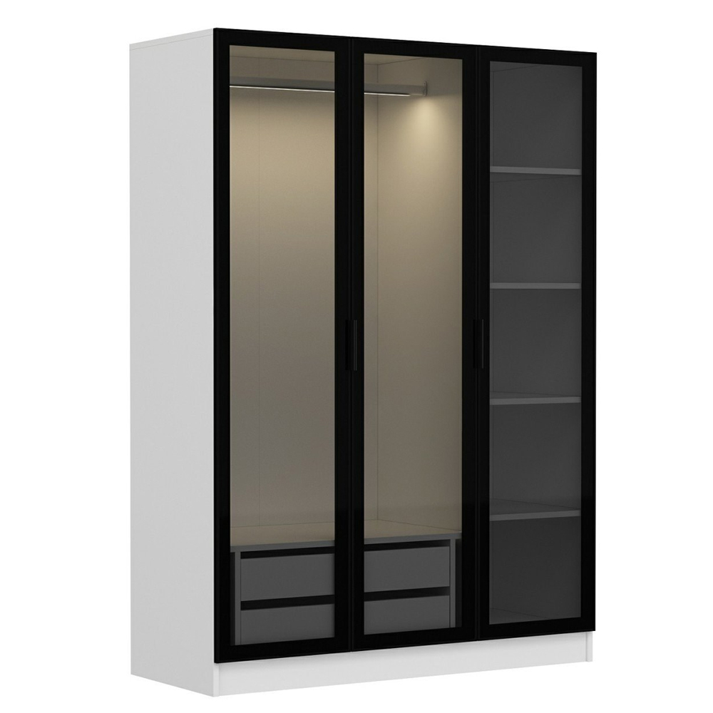Kale H190cm Wooden Wardrobe with 3 Mirror Doors in White and Black