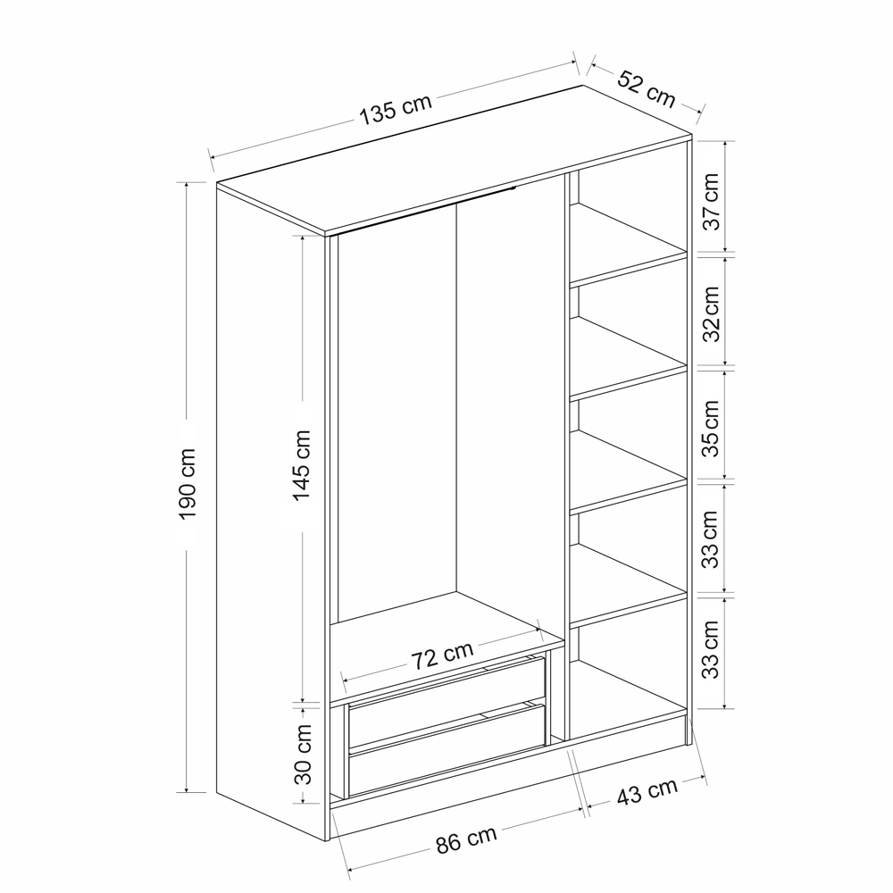 Kale H190cm Wooden Wardrobe with 3 Mirror Doors in White and Black