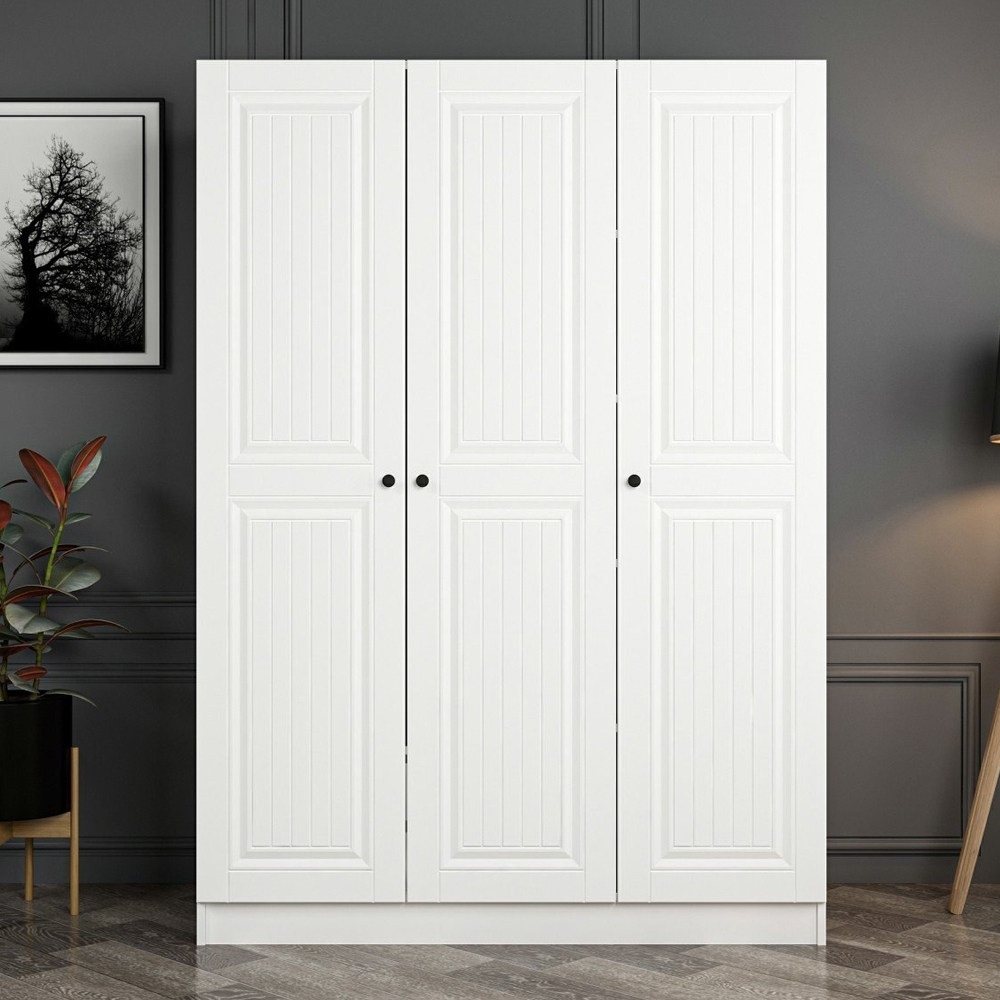 Kale H190cm Wooden Wardrobe with 3 Panel Doors in White
