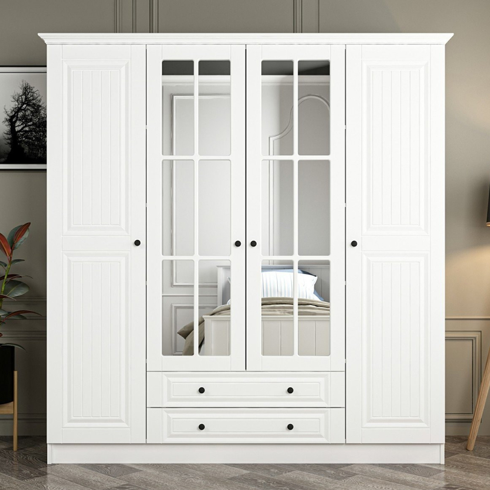 Kale H190cm Wooden Wardrobe with 4 Doors 2 Drawers in White
