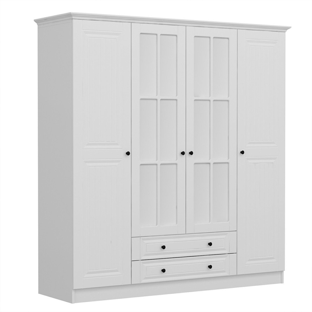 Kale H190cm Wooden Wardrobe with 4 Doors 2 Drawers in White