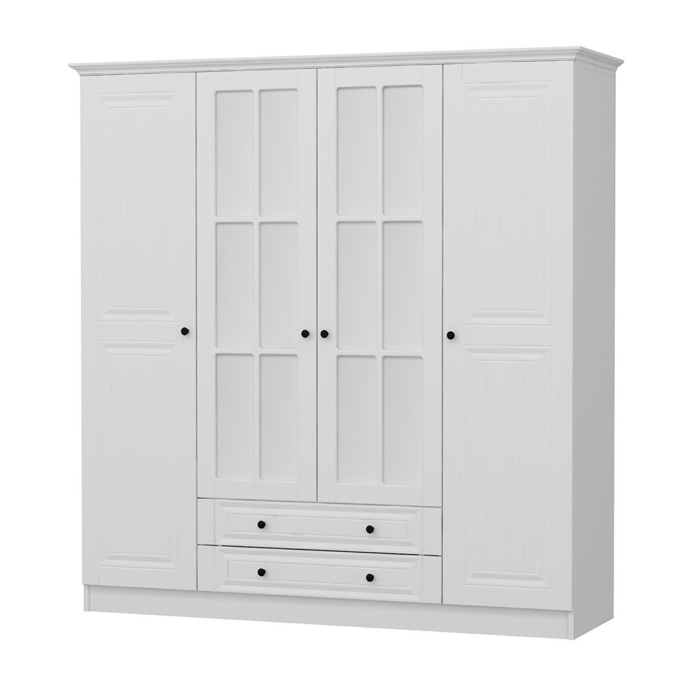 Kale H190cm Wooden Wardrobe with 4 Doors 2 Drawers in White