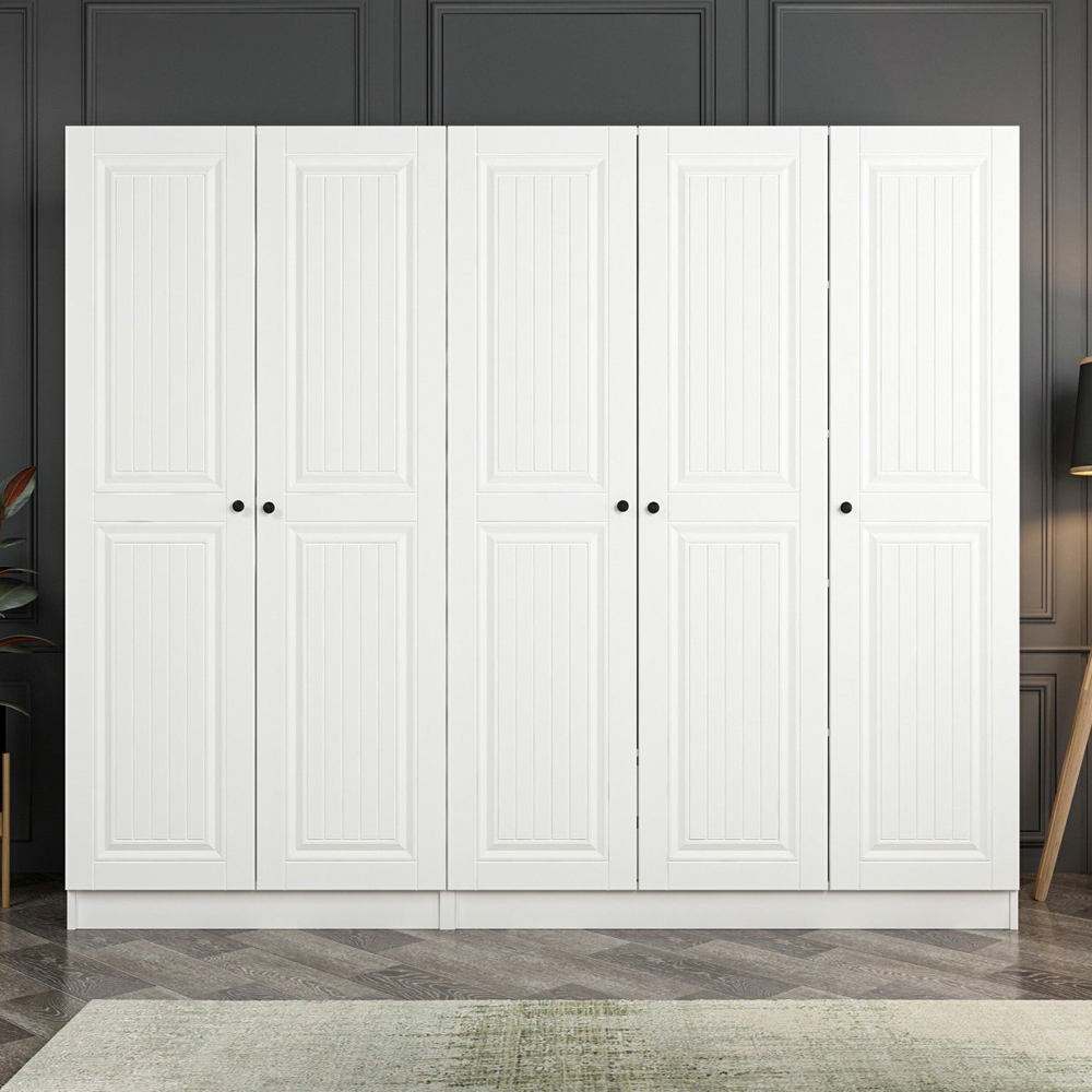 Kale H190cm Wooden Wardrobe with 5 Panel Doors in White