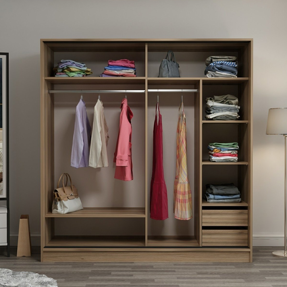 Kale H210cm Oak Wooden Sliding Wardrobe with 2 White Doors