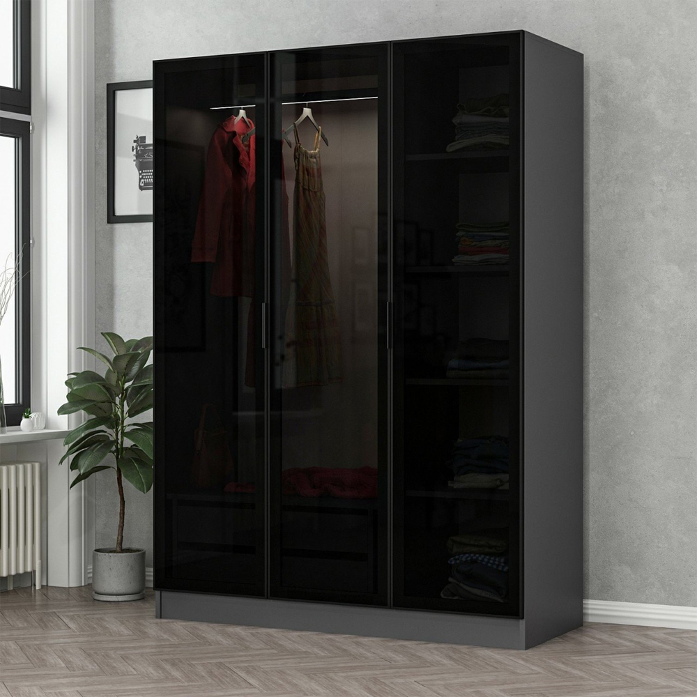 Kale H210cm Mirrored Wardrobe with 3 Doors in Anthracite and Black