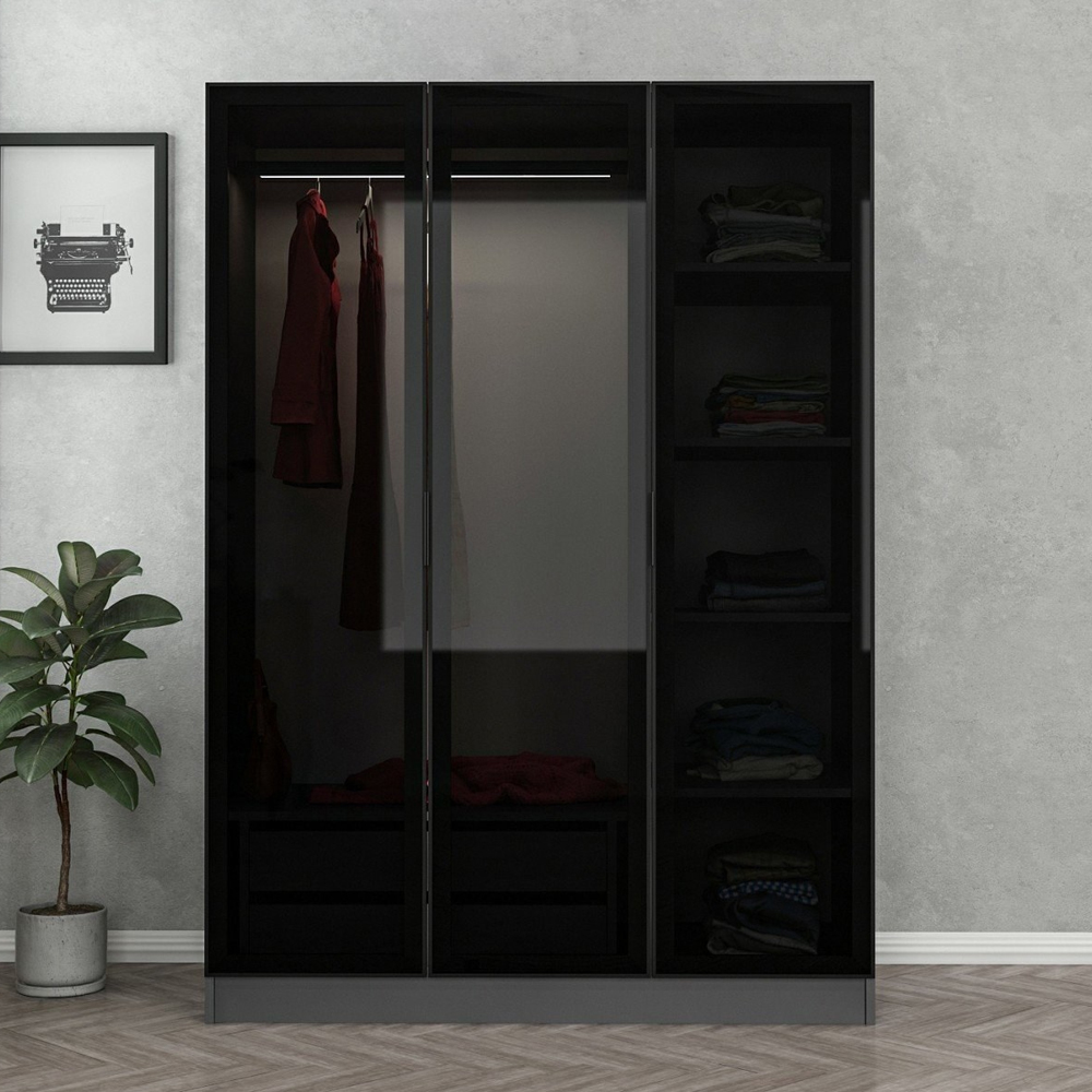 Kale H210cm Mirrored Wardrobe with 3 Doors in Anthracite and Black