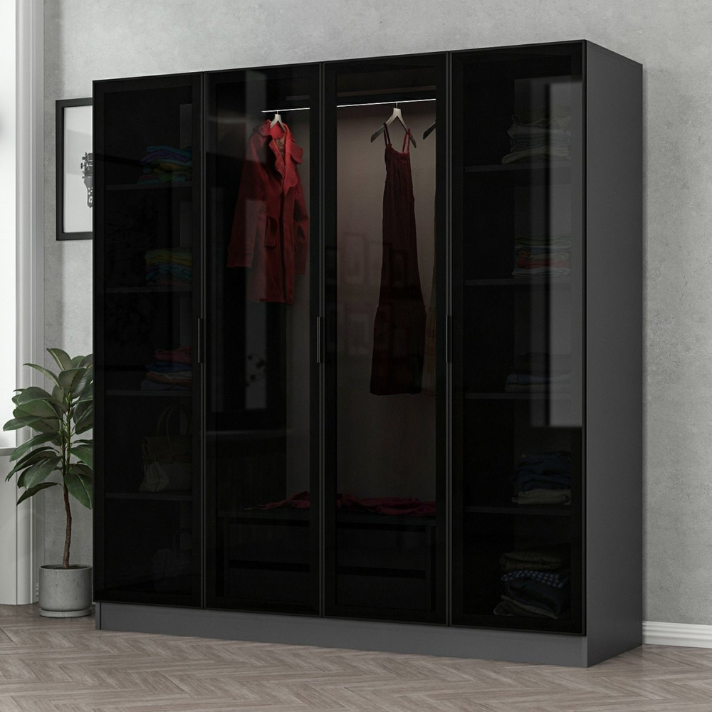 Kale H210cm Wooden Mirror Wardrobe with 4 Doors in Anthracite and Black