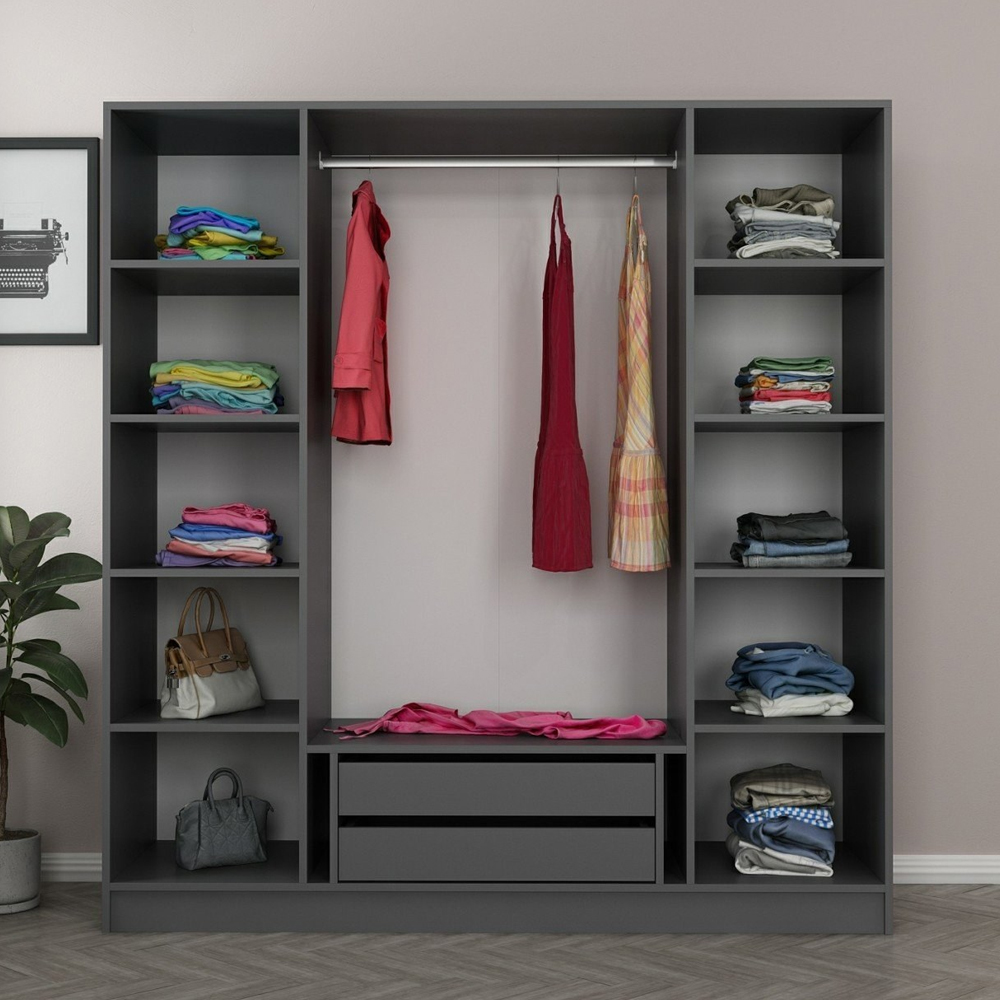 Kale H210cm Wooden Mirror Wardrobe with 4 Doors in Anthracite and Black