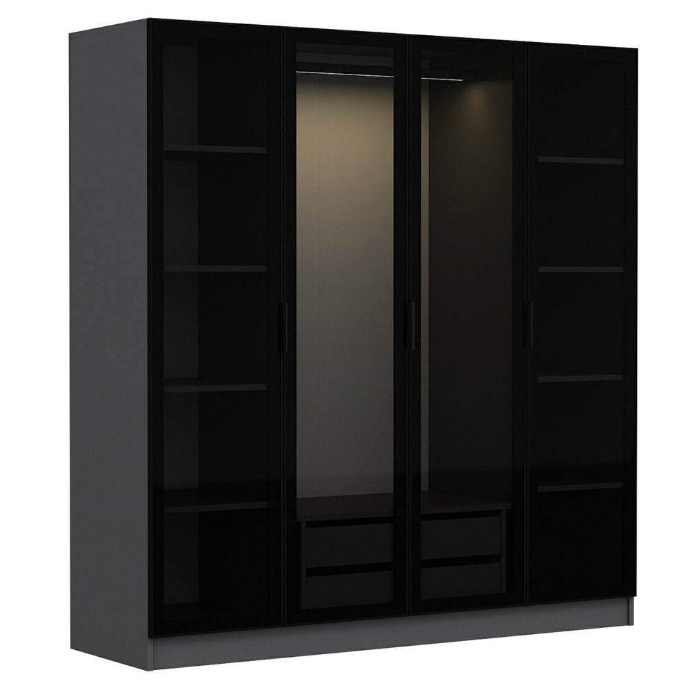 Kale H210cm Wooden Mirror Wardrobe with 4 Doors in Anthracite and Black