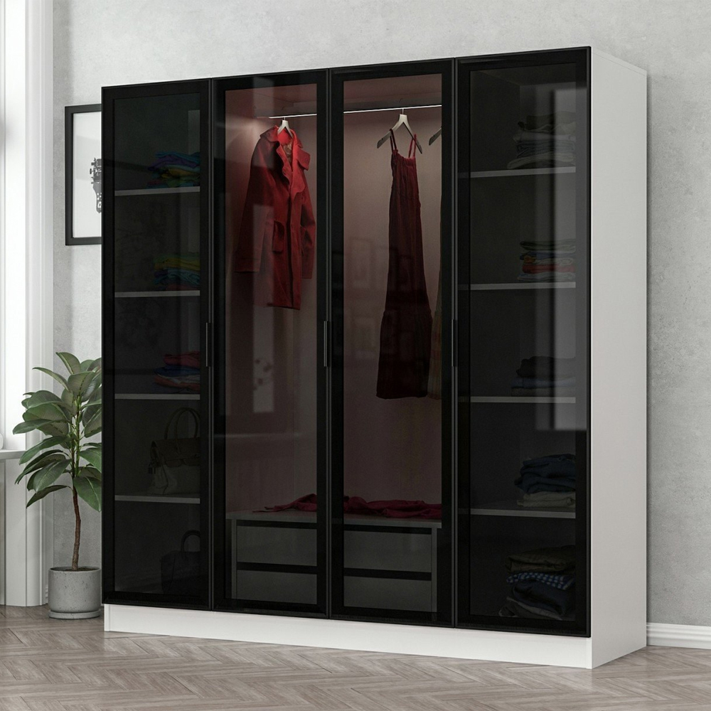 Kale H210cm Wooden Mirror Wardrobe with 4 Doors in White and Black