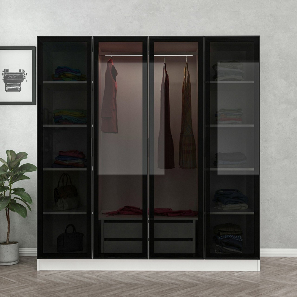 Kale H210cm Wooden Mirror Wardrobe with 4 Doors in White and Black