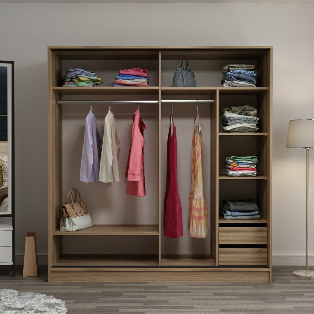 Kale H210cm Wooden Sliding Mirror Wardrobe with 2 Doors in Oak and Anthracite