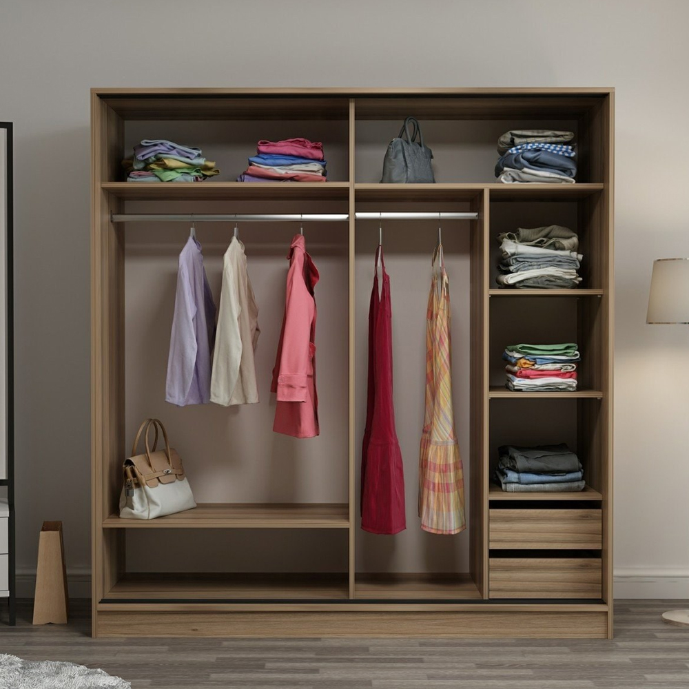 Kale H210cm Wooden Sliding Mirror Wardrobe with 2 Doors in Oak and Black