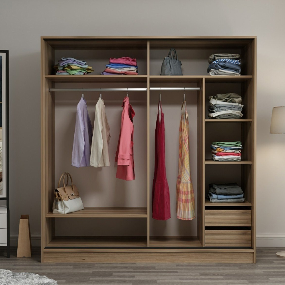 Kale H210cm Wooden Sliding Mirror Wardrobe with 2 Doors in Oak
