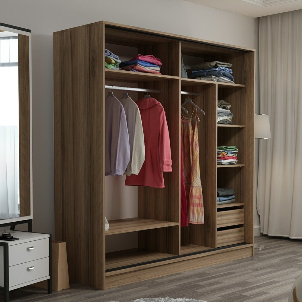 Kale H210cm Wooden Sliding Mirror Wardrobe with 2 Doors in Oak