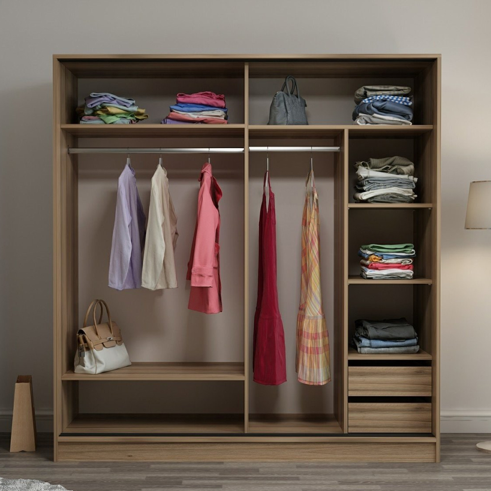 Kale H210cm Wooden Sliding Mirror Wardrobe with 2 Doors in White and Oak