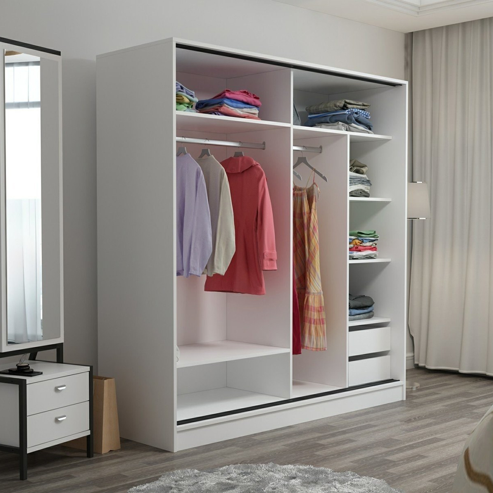 Kale H210cm Wooden Sliding Mirror Wardrobe with 2 Doors in White