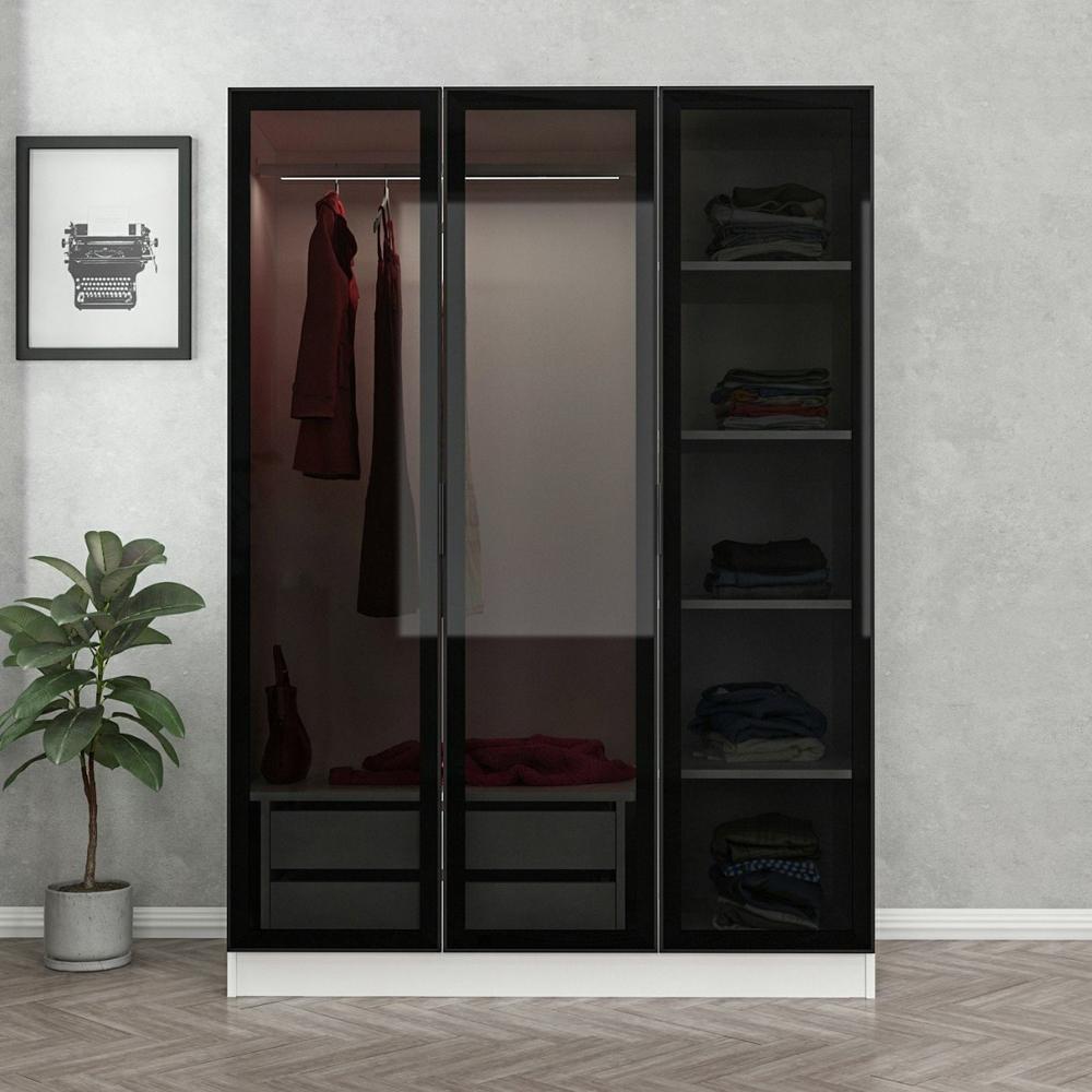 Kale H210cm Wooden Wardrobe with 3 Mirror Doors in White and Black