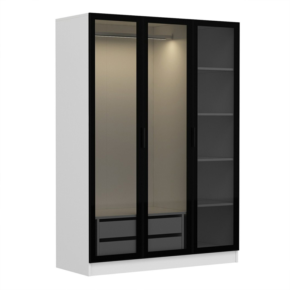 Kale H210cm Wooden Wardrobe with 3 Mirror Doors in White and Black