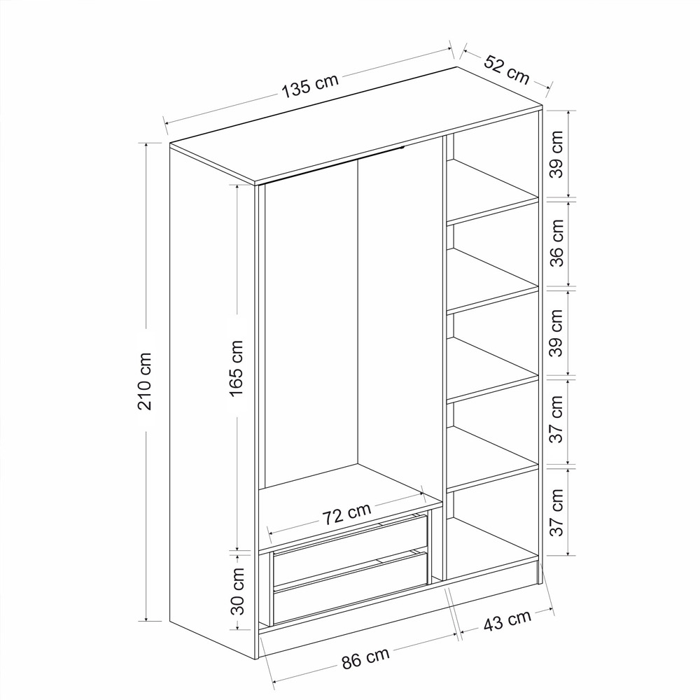 Kale H210cm Wooden Wardrobe with 3 Mirror Doors in White and Black