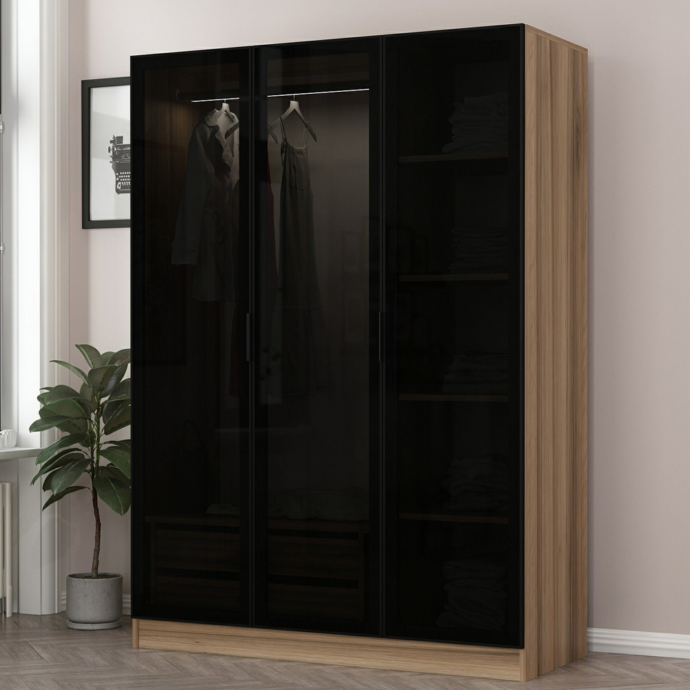 Kale Mirrored Wardrobe with 3 Doors in Golden Oak and Dark Grey