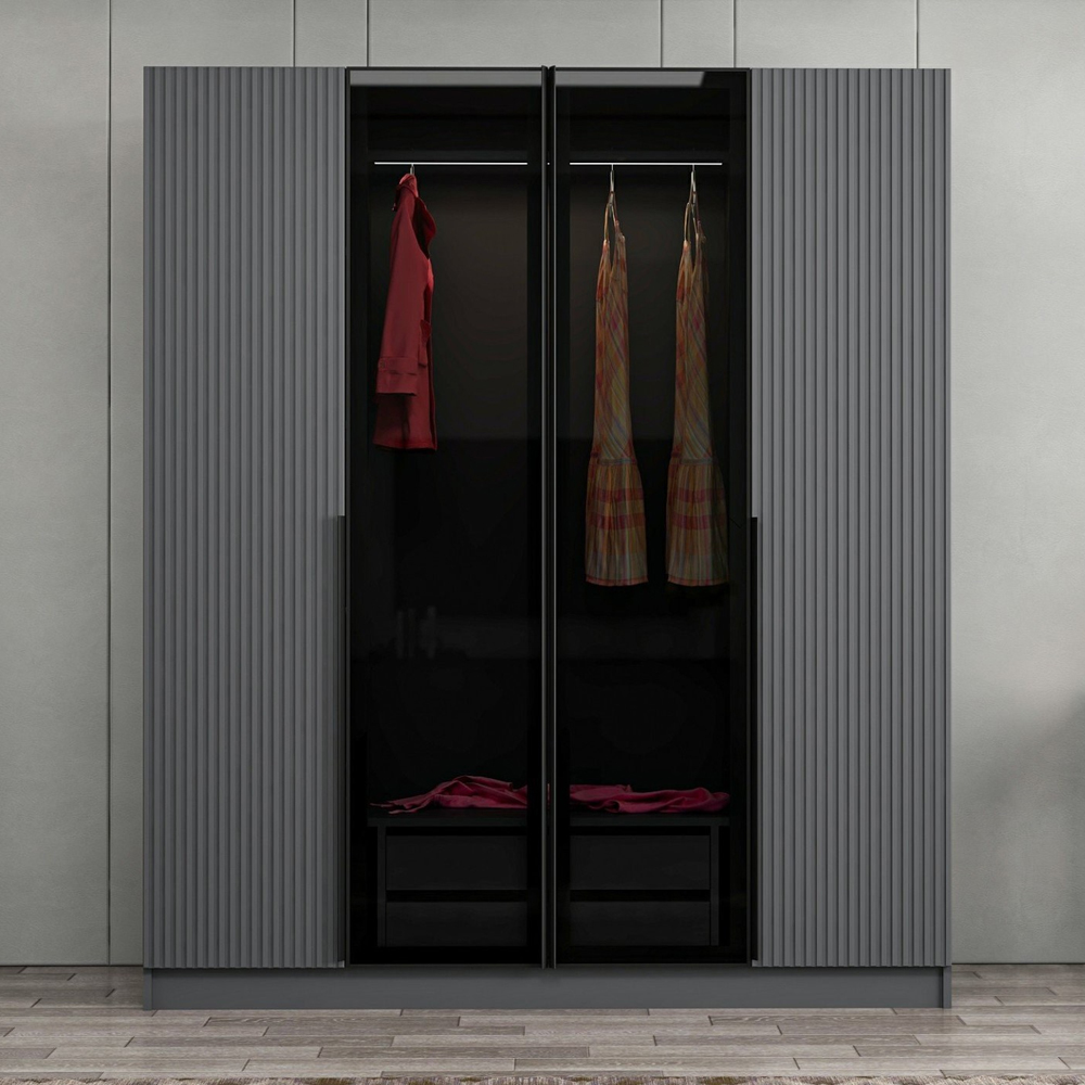 Kale Mirrored Wardrobe with 4 Doors in Anthracite and Dark Grey