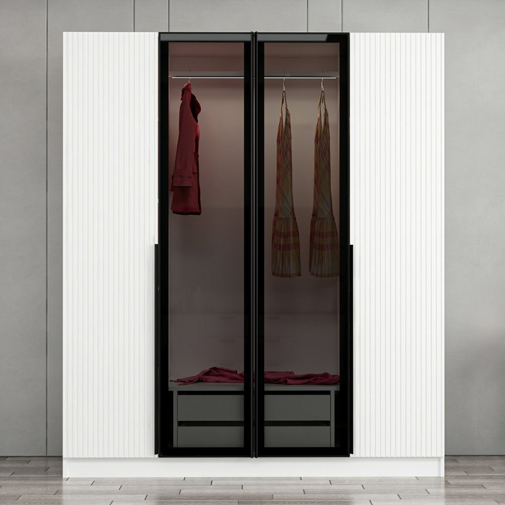 Kale Mirrored Wardrobe with 4 Doors in White and Dark Grey