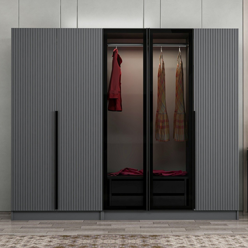 Kale Mirrored Wardrobe with 5 Doors in Anthracite and Dark Grey