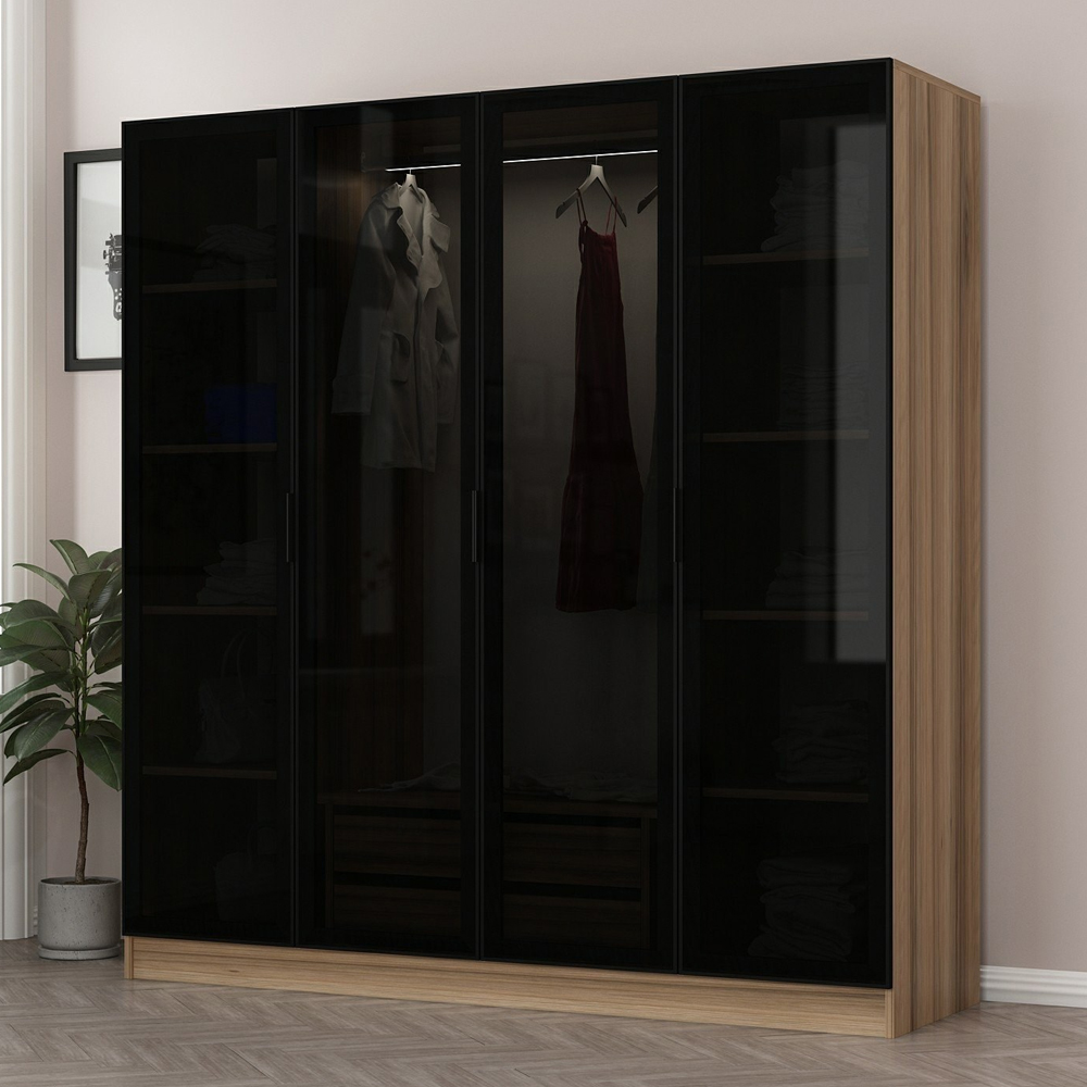 Kale Mirrored Wardrobe with 5 Doors in Golden Oak and Dark Grey