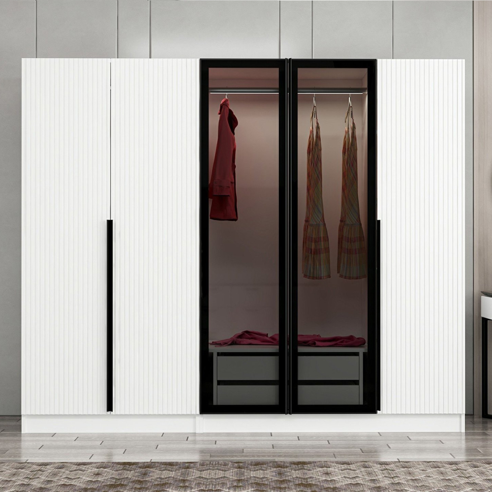 Kale Mirrored Wardrobe with 5 Doors in White and Dark Grey
