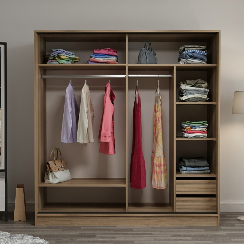 Kale Wooden Sliding Mirror Wardrobe with 2 Doors in Oak and Black