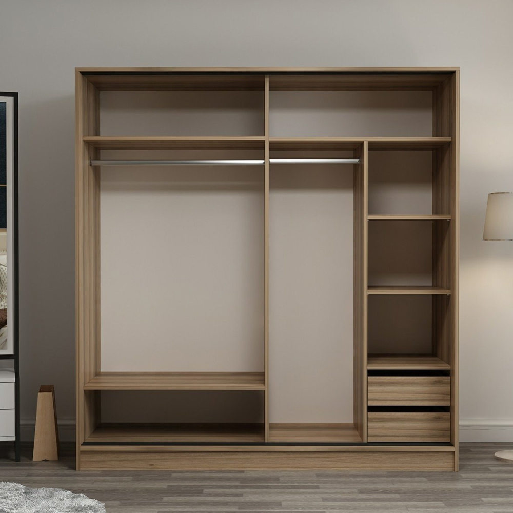 Kale Wooden Sliding Mirror Wardrobe with 2 Doors in Oak and Black