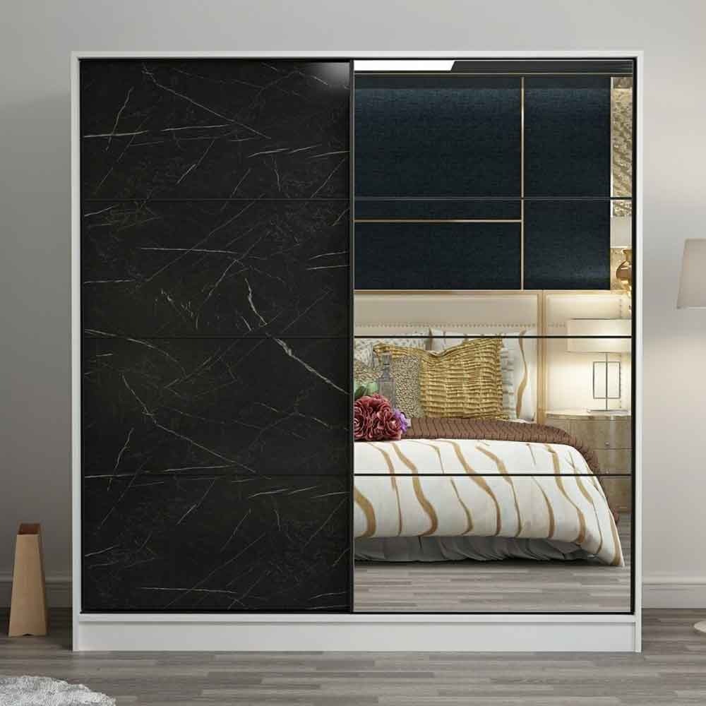 Kale Wooden Sliding Mirror Wardrobe with 2 Doors in White and Black