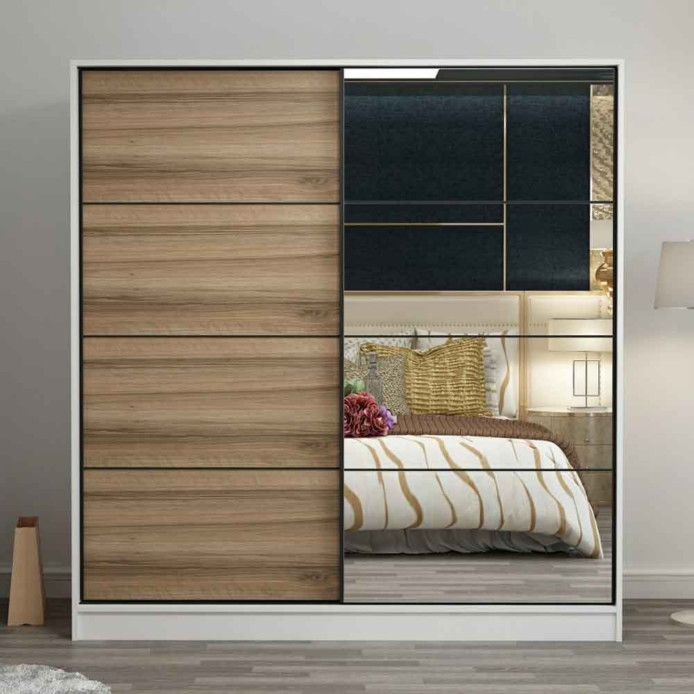 Kale Wooden Sliding Mirror Wardrobe with 2 Doors in White and Oak