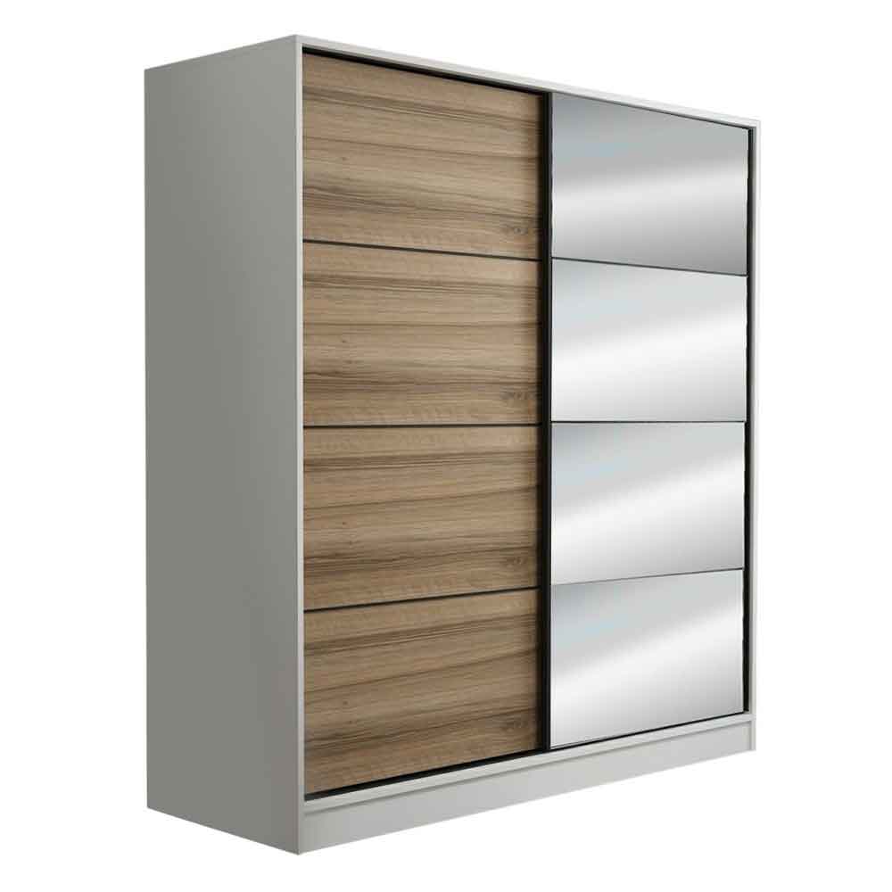 Kale Wooden Sliding Mirror Wardrobe with 2 Doors in White and Oak