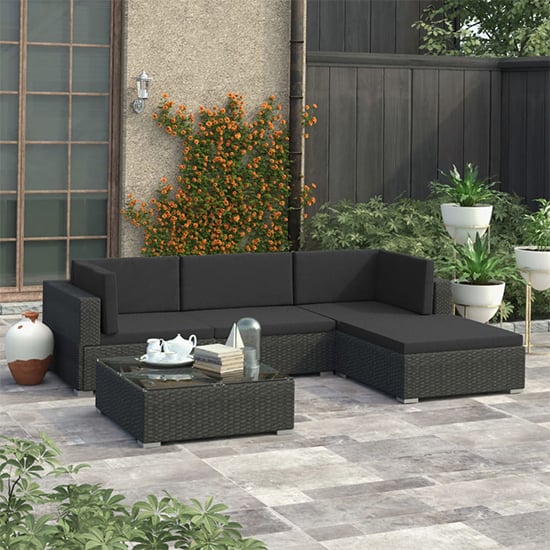 Product photograph of Kaleo Rattan 5 Piece Garden Lounge Set With Cushions In Black from Furniture in Fashion