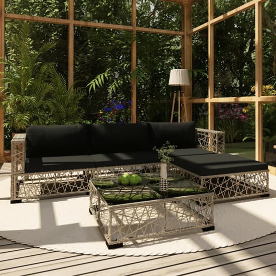 Product photograph of Kaley Rattan 5 Piece Garden Lounge Set With Cushions In Grey from Furniture in Fashion