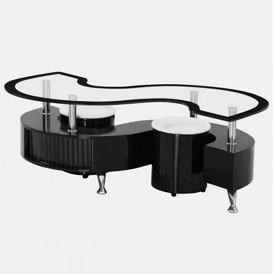 Kalida Glass Coffee Table With 2 Stool In Black High Gloss Base