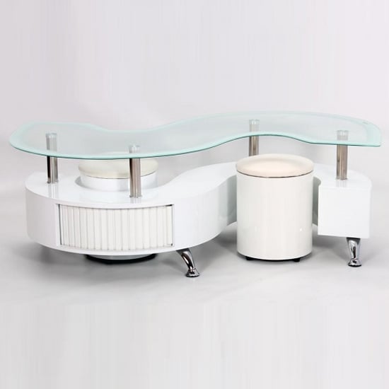 Kalida Glass Coffee Table With 2 Stool In White High Gloss Base