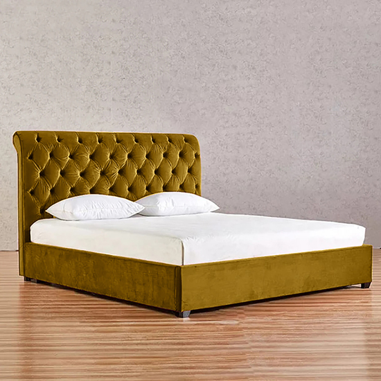 Product photograph of Kalispell Plush Velvet King Size Bed In Mustard from Furniture in Fashion