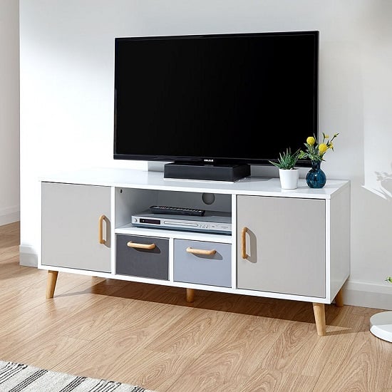 Photo of Dorridge wooden large tv stand in white with two doors
