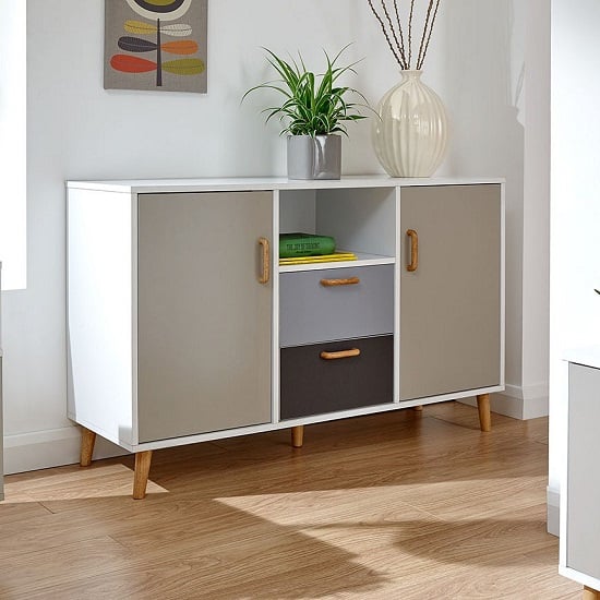 Photo of Dorridge wooden sideboard in white with two doors and drawers