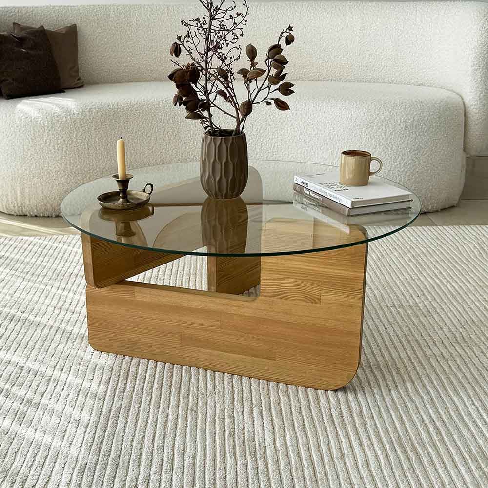 Kallisto Pine Wood Coffee Table with Clear Glass Top in Oak
