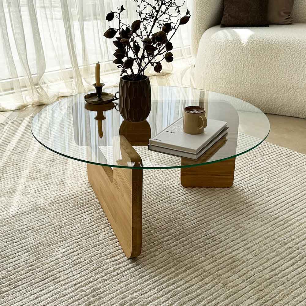 Kallisto Pine Wood Coffee Table with Clear Glass Top in Oak
